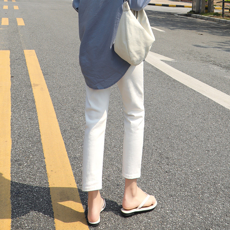 高腰白色直筒春季小个子修身牛仔裤 灵貂牛仔裤