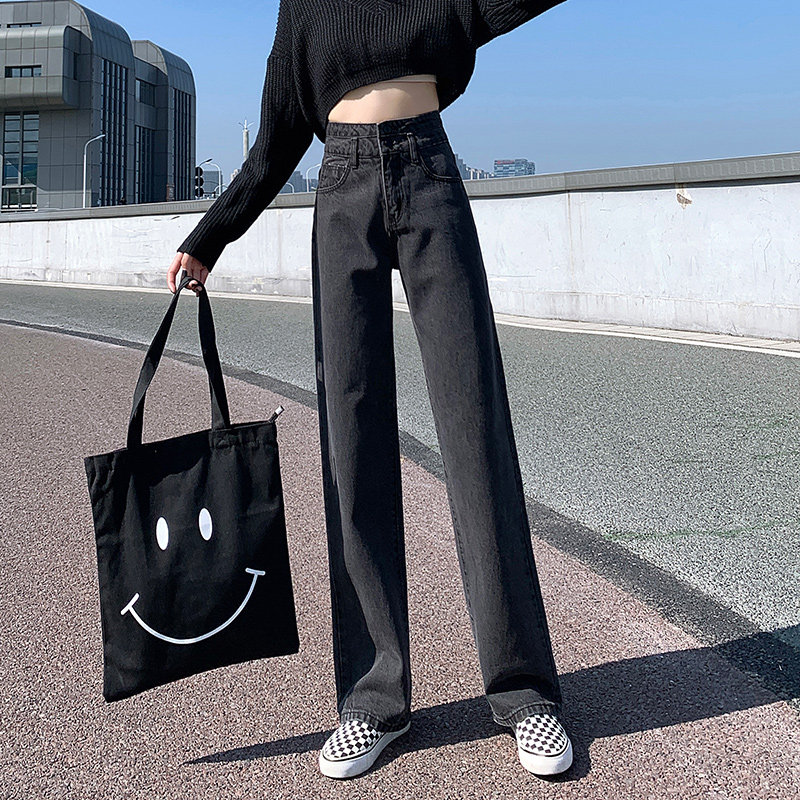 烟灰色高腰阔腿裤直筒秋冬潮牛仔裤 灵貂牛仔裤