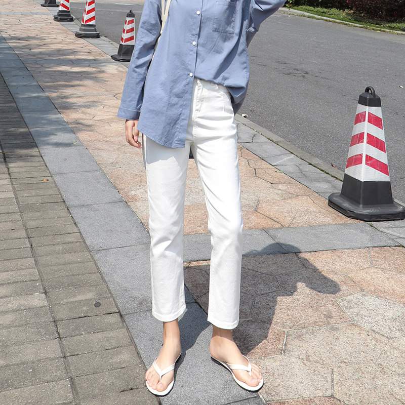 高腰白色直筒春季小个子修身牛仔裤 灵貂牛仔裤