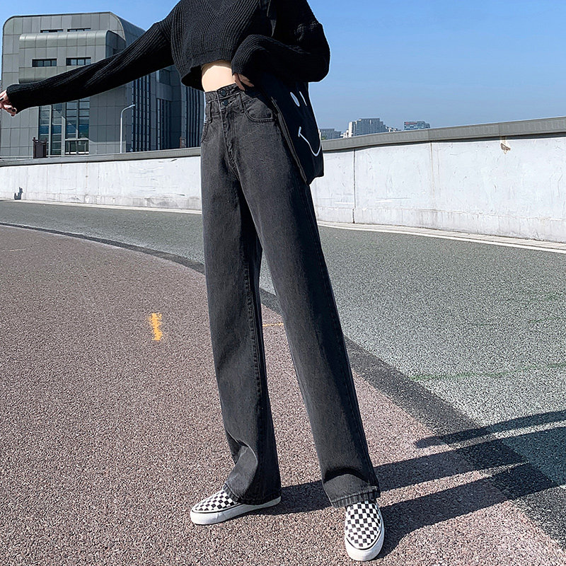 烟灰色高腰阔腿裤直筒秋冬潮牛仔裤 灵貂牛仔裤