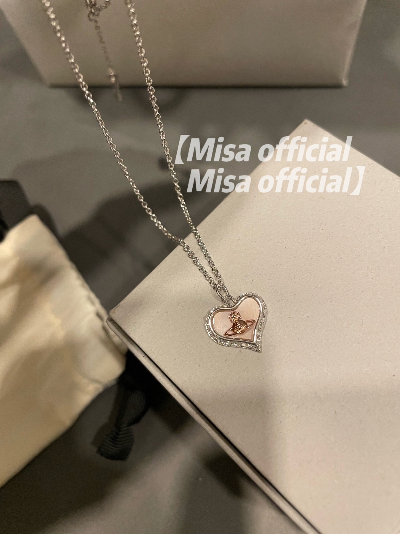 Misa officail｜天然粉贝母爱心西太后渐变项链耳钉土星金粉钻闪 - 图1