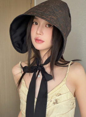 倪妮同款秋冬帽子香云纱女桑蚕丝防晒帽飘带渔夫帽遮阳帽贝雷帽