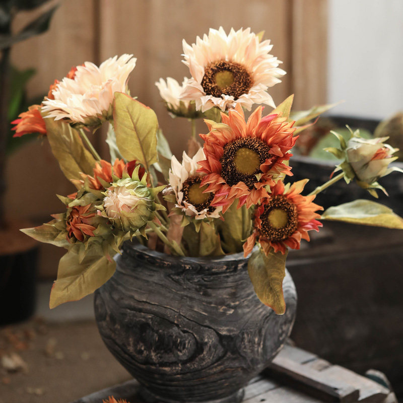 左岸麦田 3头复古秋色向日葵装饰花绢花餐桌花艺摆件假花仿真花,淘宝优惠券,粉丝福利购,淘宝优惠卷