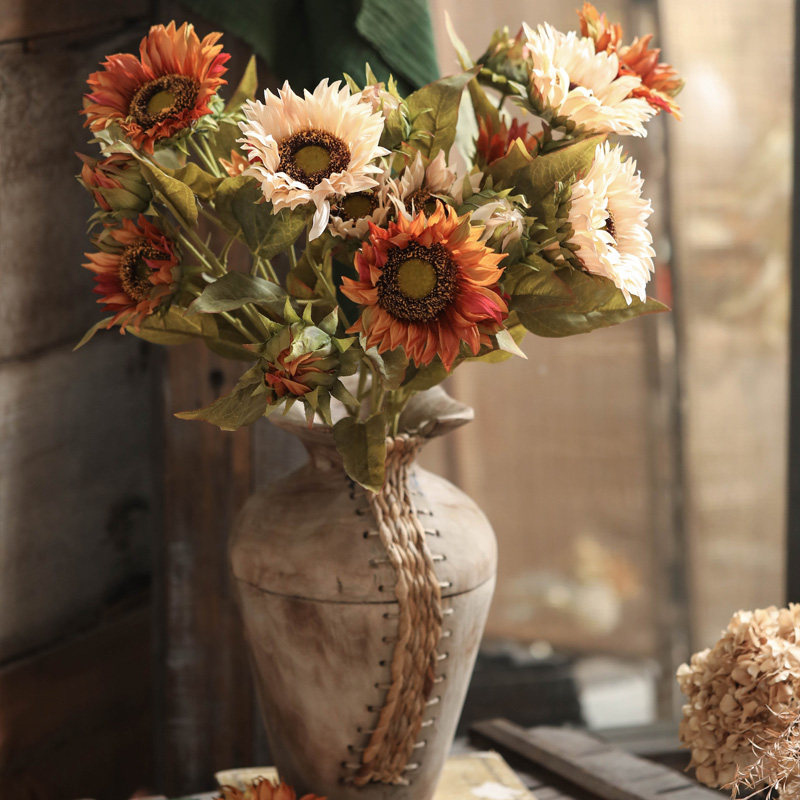 左岸麦田 3头复古秋色向日葵装饰花绢花餐桌花艺摆件假花仿真花,淘宝优惠券,粉丝福利购,淘宝优惠卷