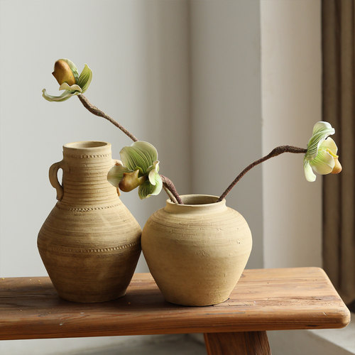 复古做旧土陶罐黄色陶瓷花瓶侘寂风仿真花花器客厅玄关摆设饰品 - 图0