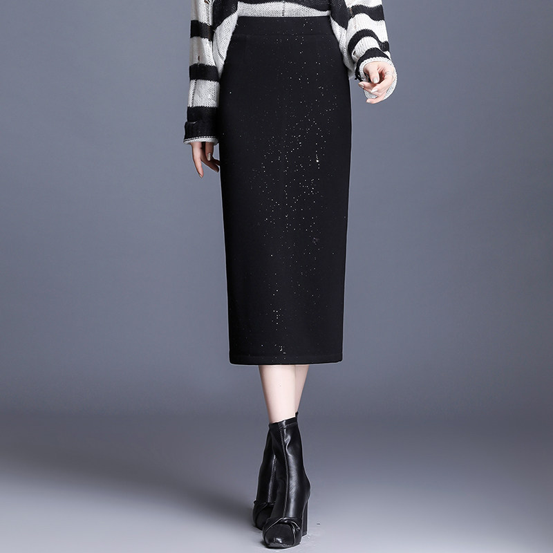 blingbling黑色针织女冬加绒一步裙 麦卡莎半身裙