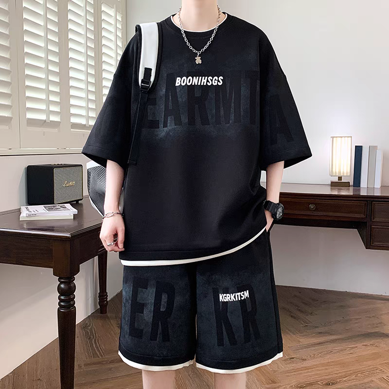 美式高街短袖T恤短裤休闲套装男夏季潮牌大码宽松搭配衣服两件套,淘宝优惠券,粉丝福利购,淘宝优惠卷