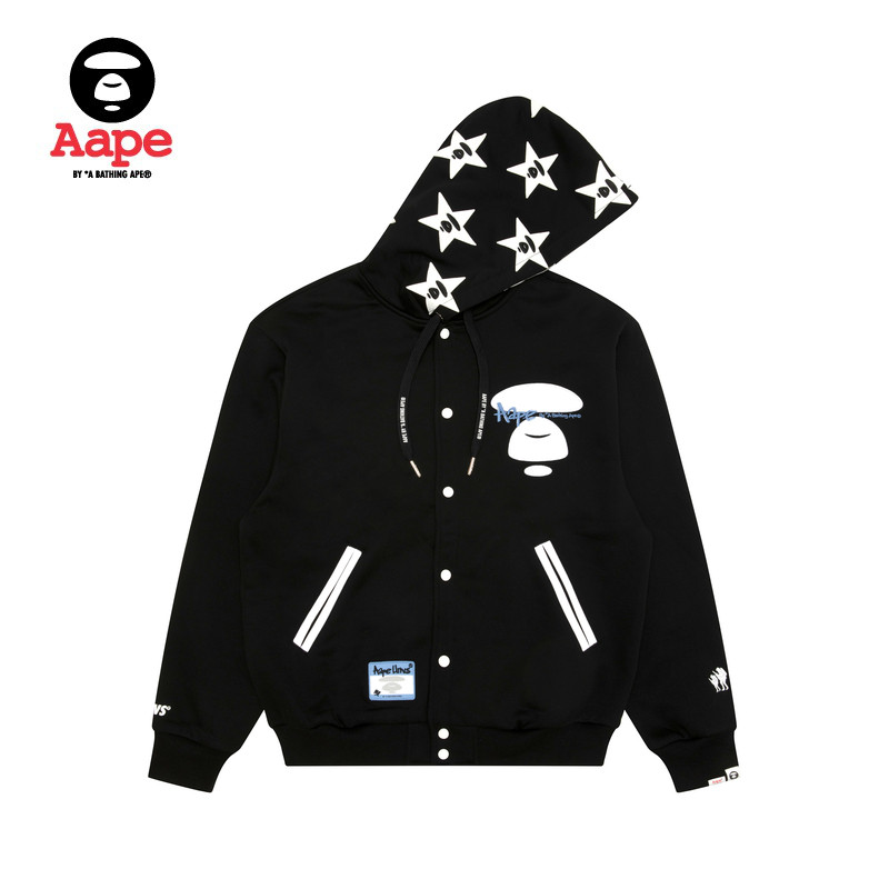 Aape letter star hooded plus fleece baseball jacket