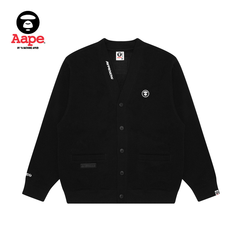 Aape旗舰店男装猿人徽章字母刺绣V领开衫厚绒卫衣B329XXN