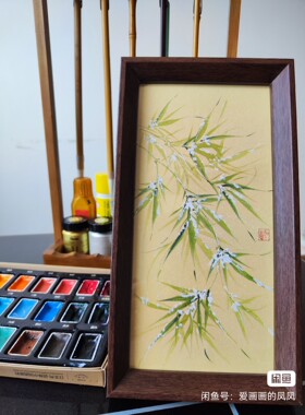 手绘国画雪竹摆台~装饰画，含框14.5 x27.5