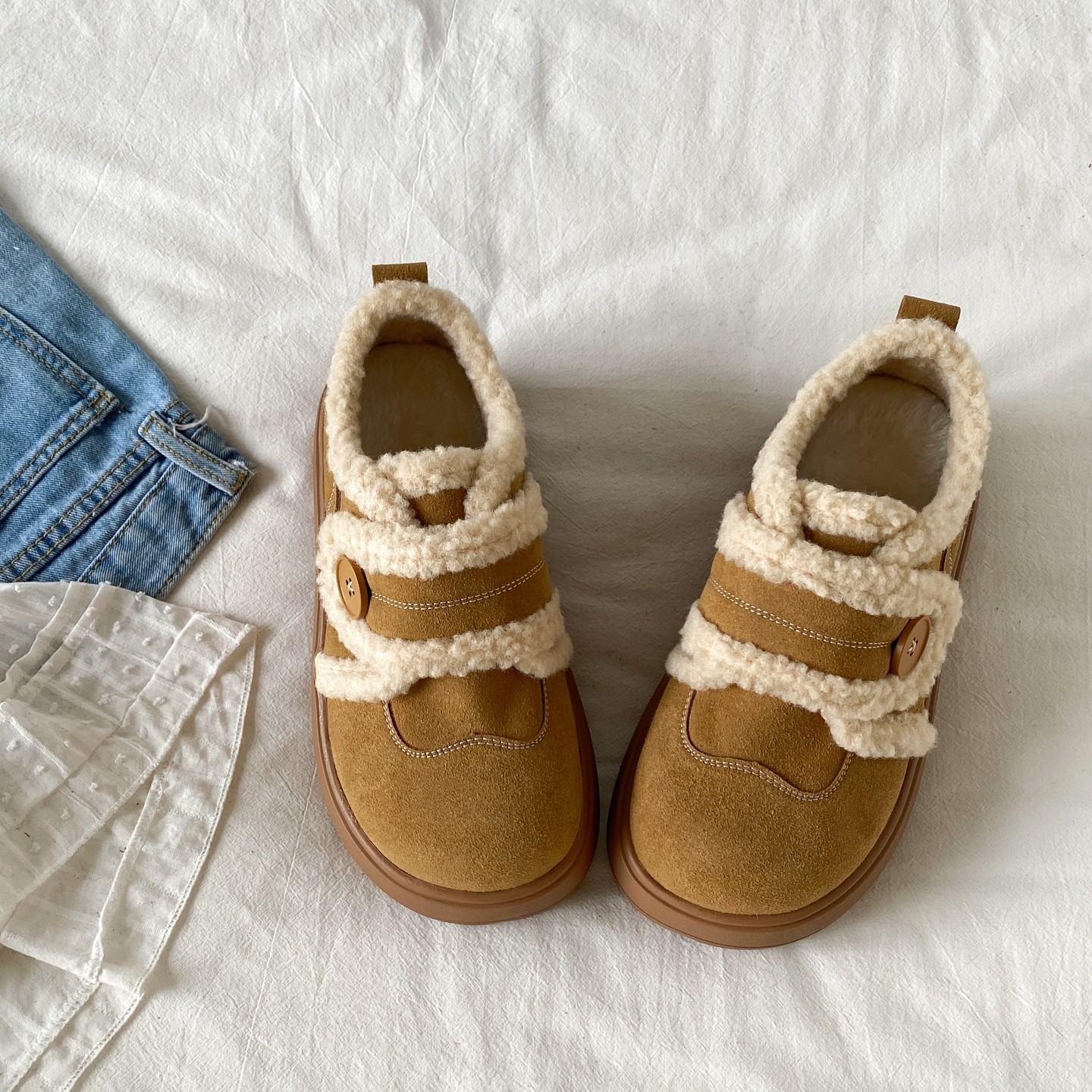 喜叔棕色厚底加绒面包棉鞋女2025冬季新款魔术贴毛毛鞋保暖雪地靴,淘宝优惠券,粉丝福利购,淘宝优惠卷