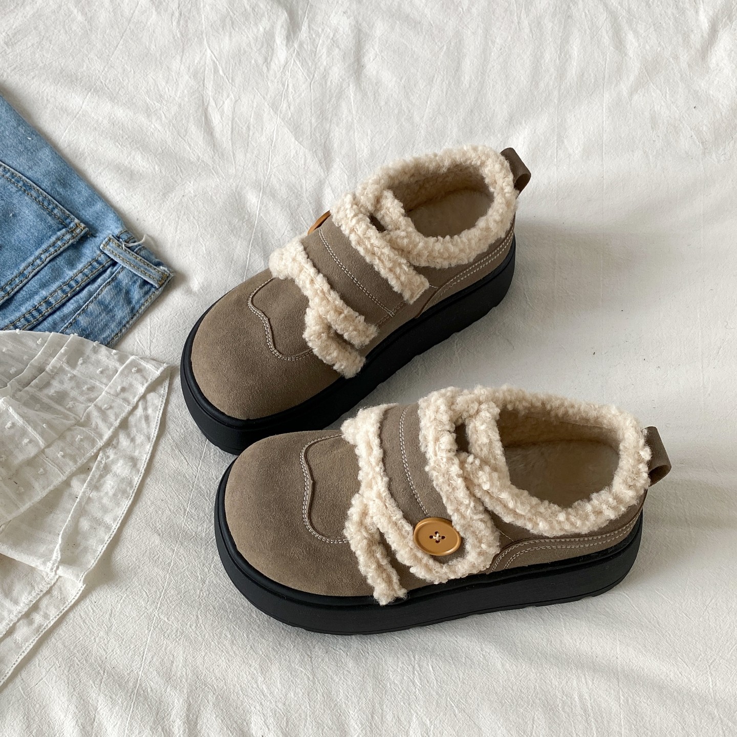 喜叔棕色厚底加绒面包棉鞋女2025冬季新款魔术贴毛毛鞋保暖雪地靴,淘宝优惠券,粉丝福利购,淘宝优惠卷