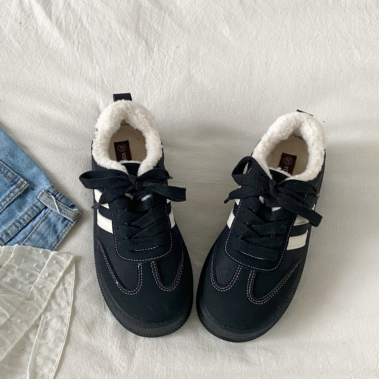 喜叔冬季加绒厚底黑色德训鞋女款百搭保暖二棉鞋复古休闲运动板鞋,淘宝优惠券,粉丝福利购,淘宝优惠卷