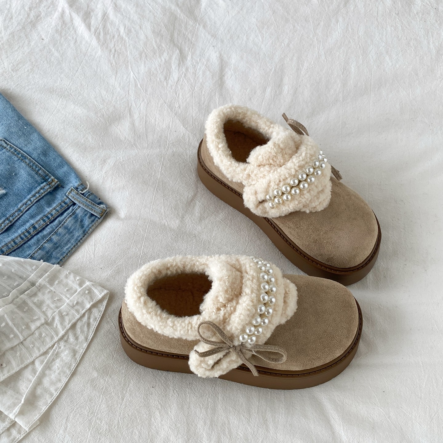 喜叔法式珍珠蝴蝶结加绒勃肯鞋女冬季外穿保暖厚底毛毛棉鞋雪地靴,淘宝优惠券,粉丝福利购,淘宝优惠卷