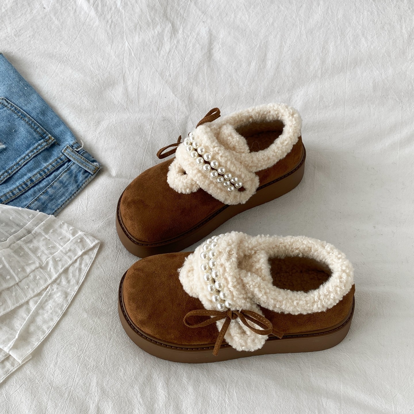 喜叔法式珍珠蝴蝶结加绒勃肯鞋女冬季外穿保暖厚底毛毛棉鞋雪地靴,淘宝优惠券,粉丝福利购,淘宝优惠卷