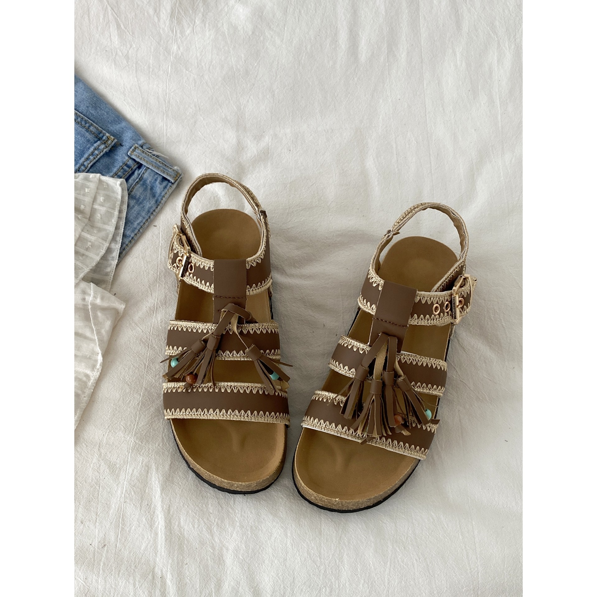 喜叔 绝美流苏罗马凉鞋女款夏季外穿配裙子勃肯凉拖鞋厚底沙滩鞋,淘宝优惠券,粉丝福利购,淘宝优惠卷