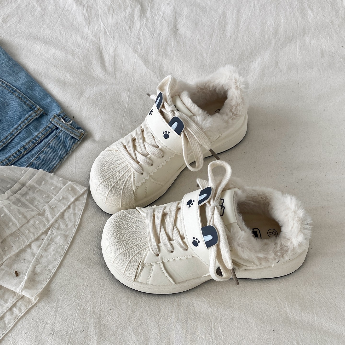 喜叔丑萌小众粉色二棉鞋女2025新款冬季加绒贝壳头板鞋厚底小白鞋,淘宝优惠券,粉丝福利购,淘宝优惠卷