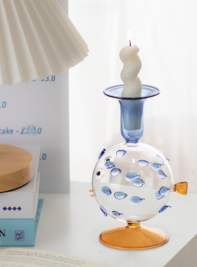 SHPIN CQ创意高硼硅玻璃萌趣河豚造型烛台摆件民宿家居装饰烛台