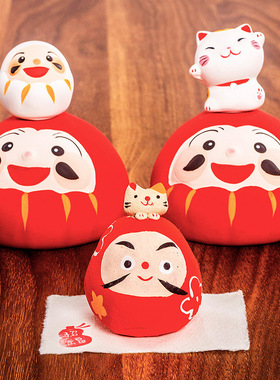 日本濑户烧作舍窑 手绘陶制招财猫达摩开运招福摆件生日创意礼物