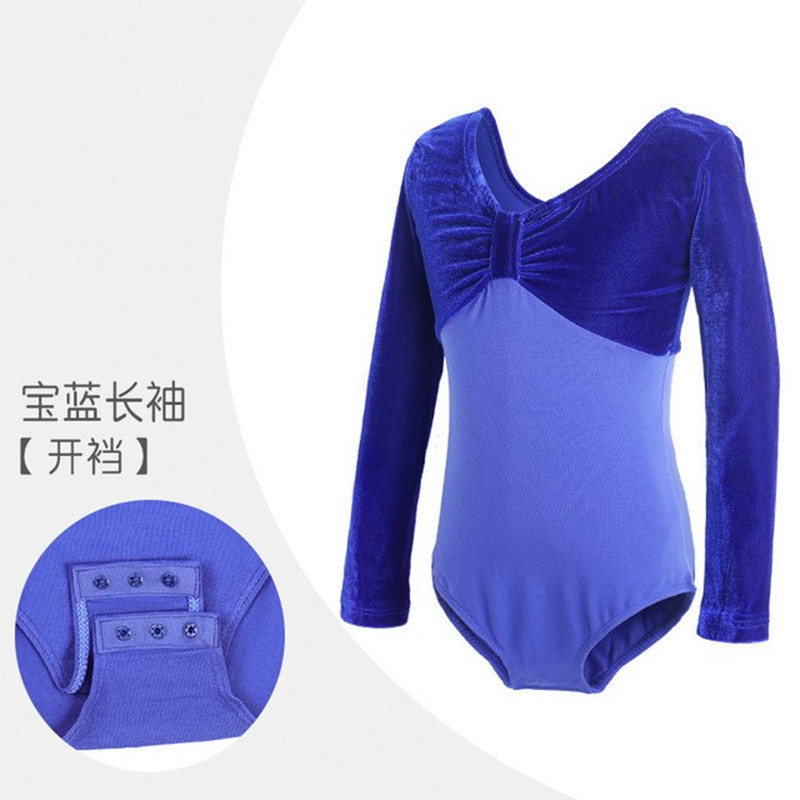 儿童舞蹈服装秋冬丝绒拼接棉长短袖练功服女童芭蕾舞连体衣形体服-图0