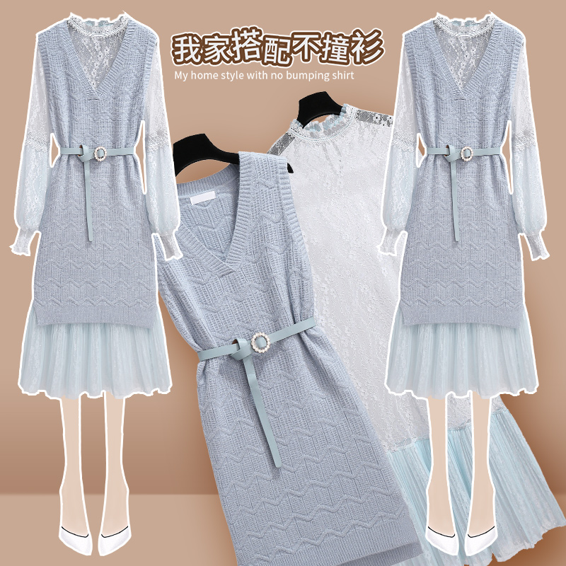 初黎旗舰店蕾丝连衣裙秋装年新款女茶歇法式小众温柔风针织背心裙两件套0