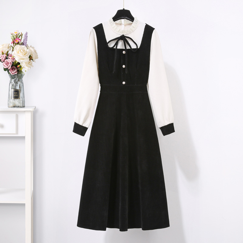 初黎旗舰店黑色假两件连衣裙女秋冬打底小香风早春装2022年新款灯芯绒背带裙0