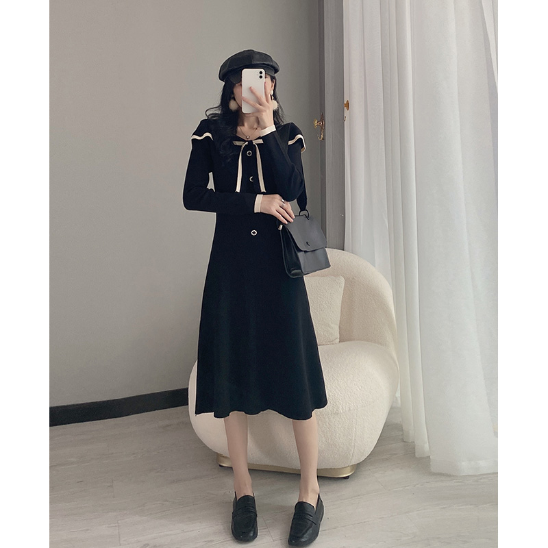 初黎旗舰店黑色针织连衣裙早秋季赫本风长款高端气质时尚秋冬年新款女装1