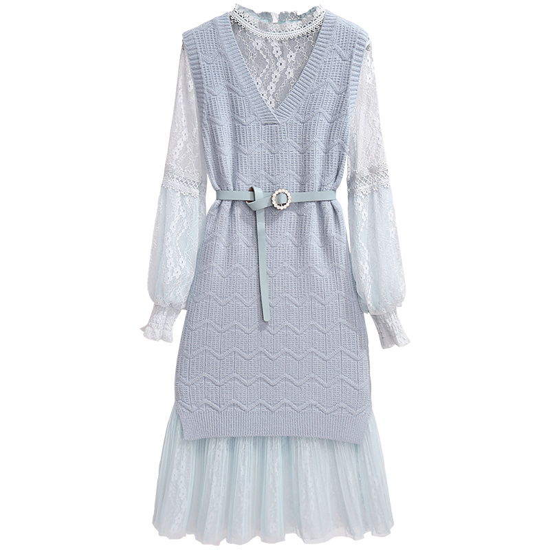初黎旗舰店蕾丝连衣裙秋装年新款女茶歇法式小众温柔风针织背心裙两件套3