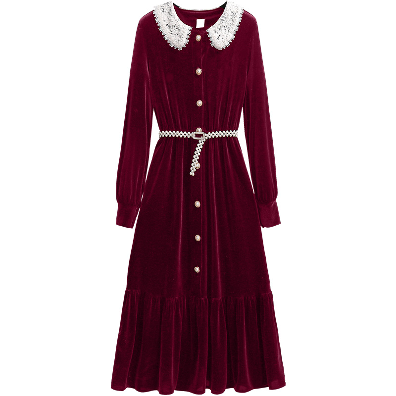 初黎旗舰店红色金丝绒连衣裙女秋冬本命年战袍女装法式新年惊艳年会礼服裙子3