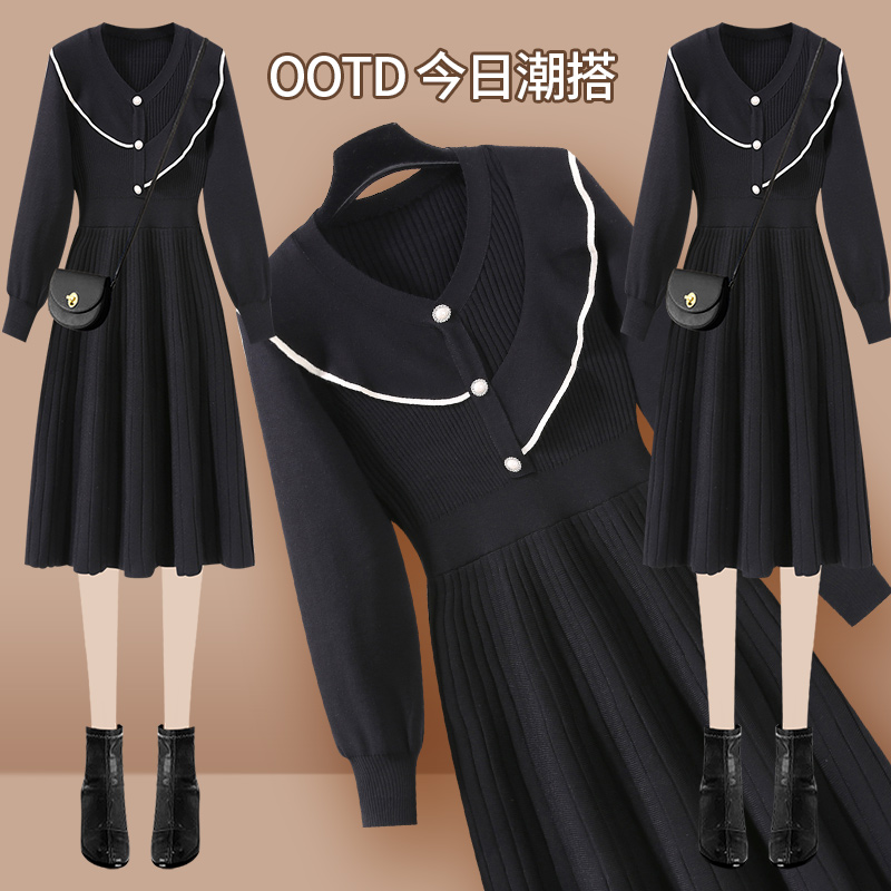 初黎旗舰店红色针织连衣裙冬法式小香风本命年女装新年战袍衣服打底毛衣裙子0