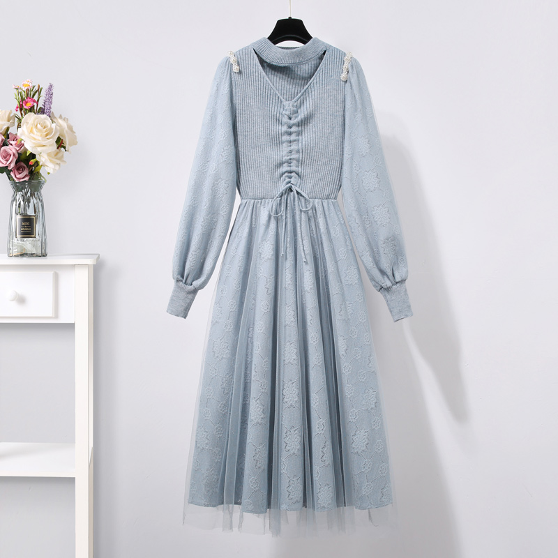 初黎旗舰店2022早春季新款女装蓝色秋冬打底法式小众设计公主长裙蕾丝连衣裙1