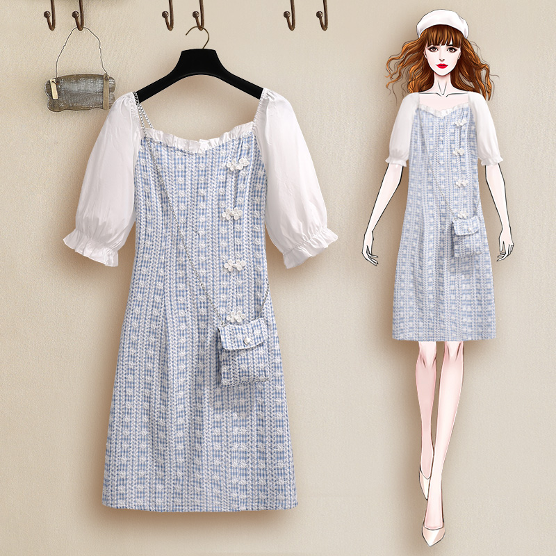 初黎旗舰店方领格子连衣裙夏季法式桔梗初恋小个子温柔风中国风改良旗袍裙子0