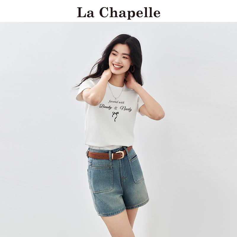 拉夏贝尔/La Chapelle韩版可爱蝴蝶结印花短袖T恤女夏季新款上衣 - 图2