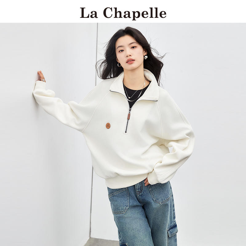 拉夏贝尔/La Chapelle春季半拉链立领卫衣女宽松设计小众短款外套-图0