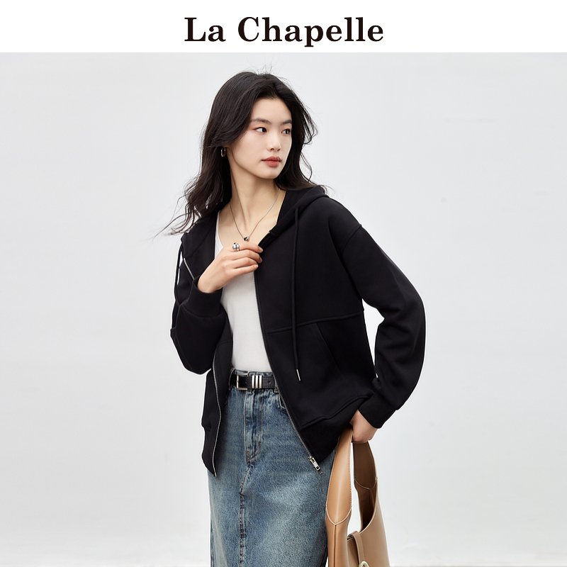 拉夏贝尔/La Chapelle连帽卫衣外套女春秋新款宽松休闲拉链开衫