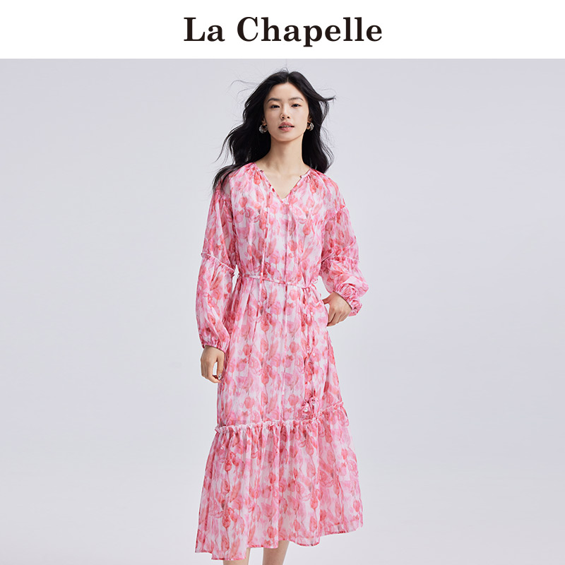 拉夏贝尔/La Chapelle长袖碎花连衣裙女夏季新款V领气质茶歇长裙