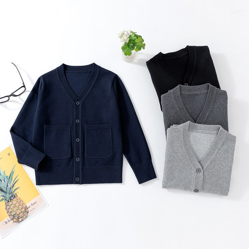 2026春秋新款中大童针织开衫男童学生女童毛衣外套口袋校服学院风 - 图0