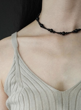 高级感小众黑曜石复古项链嘻哈串珠项链链个性中性颈链潮情侣礼物