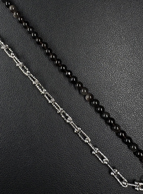 黑色虎眼石串珠项链男复古小众设计感U型马蹄扣拼接配饰原创