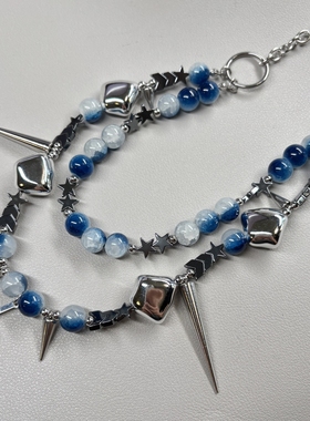 小众设计项链朋克风y2k铆钉手作高级双层不锈钢重工串珠项链