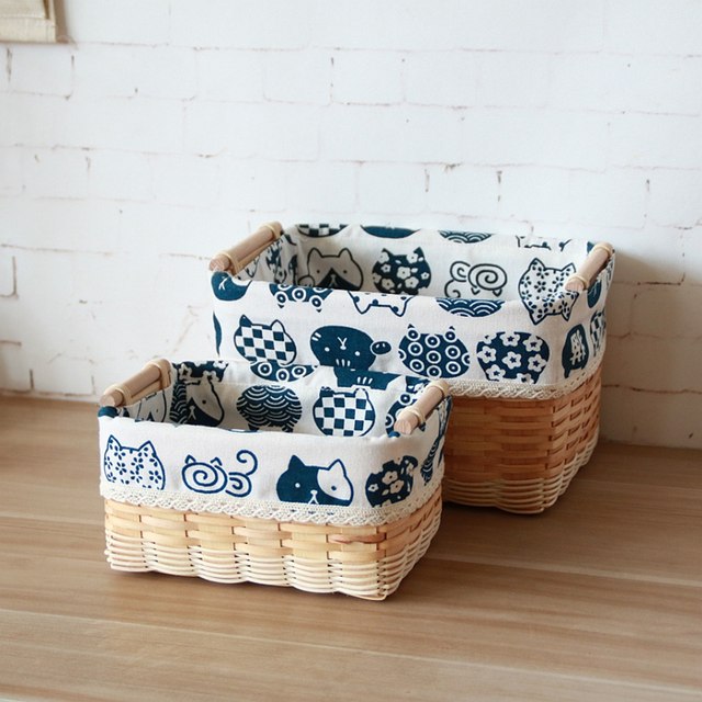 Wood chip rattan hand-woven coffee table fabric storage basket