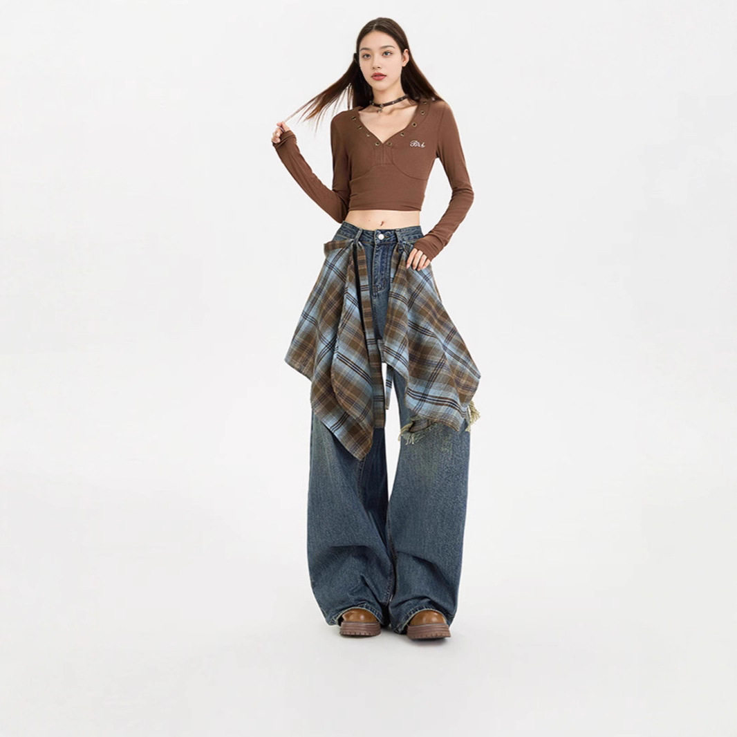 可拆卸屁帘阔腿牛仔裤女2025秋季新款高腰设计感假破洞宽松直筒裤,淘宝优惠券,粉丝福利购,淘宝优惠卷