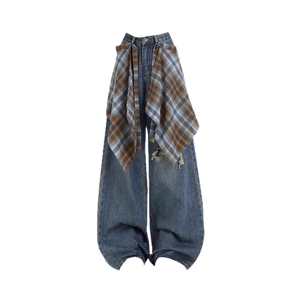 可拆卸屁帘阔腿牛仔裤女2025秋季新款高腰设计感假破洞宽松直筒裤,淘宝优惠券,粉丝福利购,淘宝优惠卷