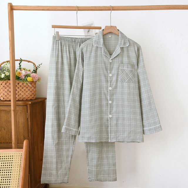 ຊຸດຊຸດນອນ plaid ຝ້າຍບໍລິສຸດຂອງຜູ້ຊາຍພາກຮຽນ spring ແລະ summer