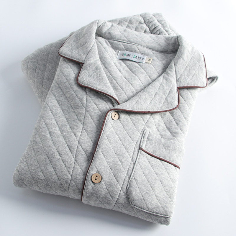 空气层夹棉睡衣男秋冬季纯棉加厚保暖纯色开衫简约宽松家居服套装,淘宝优惠券,粉丝福利购,淘宝优惠卷