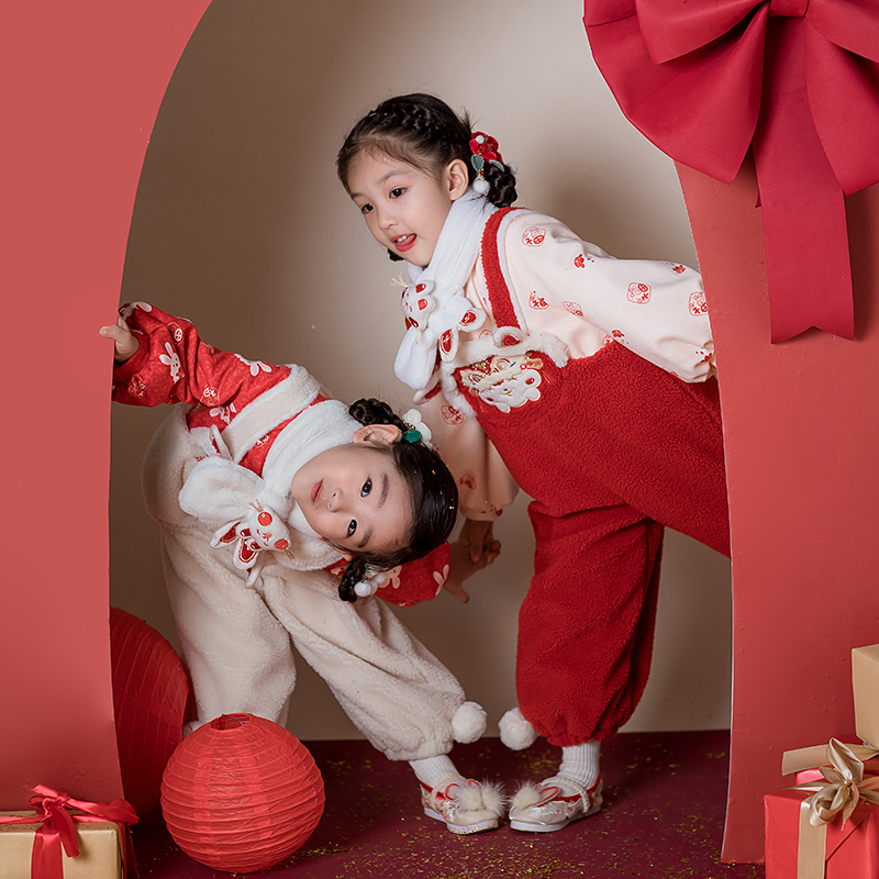 女童套装背带裤新年装加绒加厚中国风古装古风可爱拜年服宝宝女