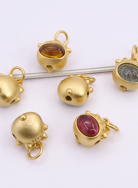 S925纯银立体胖胖碧玺招财猫吊坠DIY串珠配饰材料古法金小猫挂件