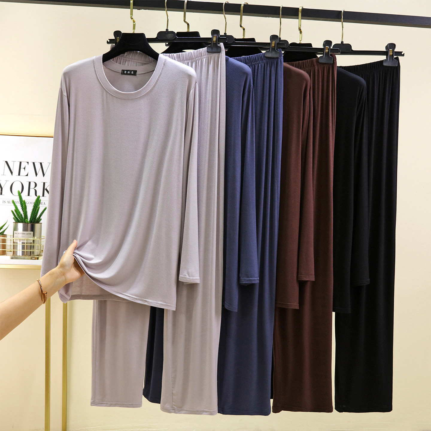 莫代尔男士秋冬薄款睡衣睡裤套装宽松大码上衣长裤子家居服两件套,淘宝优惠券,粉丝福利购,淘宝优惠卷