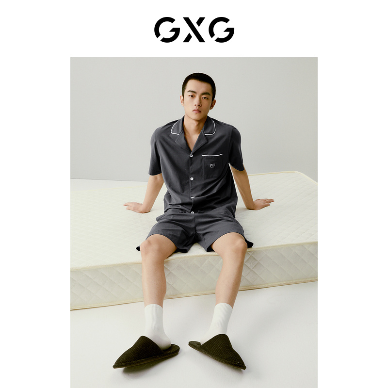 GXG棉质明线男士家居服短袖短裤睡衣套装情侣2024夏季新品