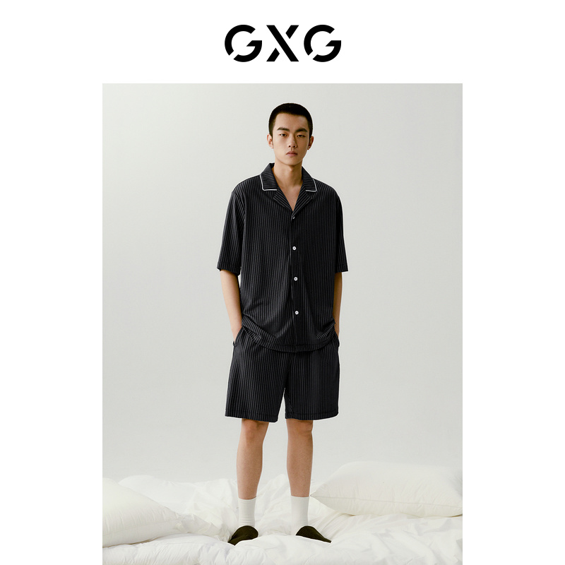 GXG男士家居服肌理感泡泡纱短袖短裤开襟睡衣套装2024夏季新品